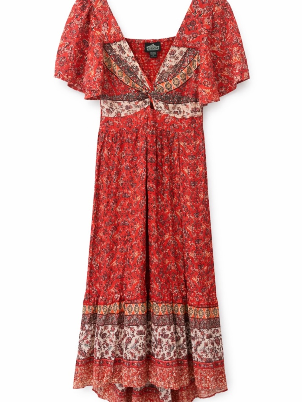 Angie Red Patchwork Maxi Dress with Flutter Sleeves Prairie Boho Sz Medium